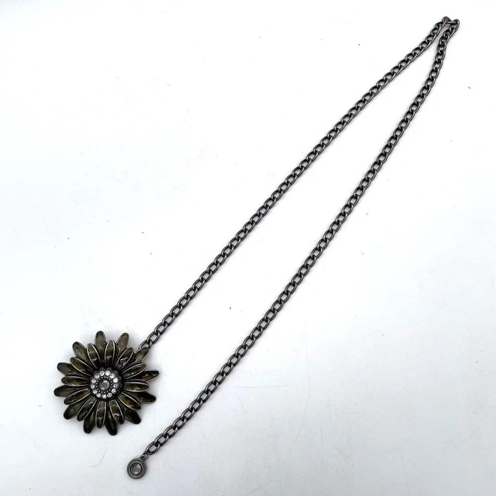 Y2K Oversized Flower Chain Metal Belt Brown Enamel Rhinestone Daisy Statement